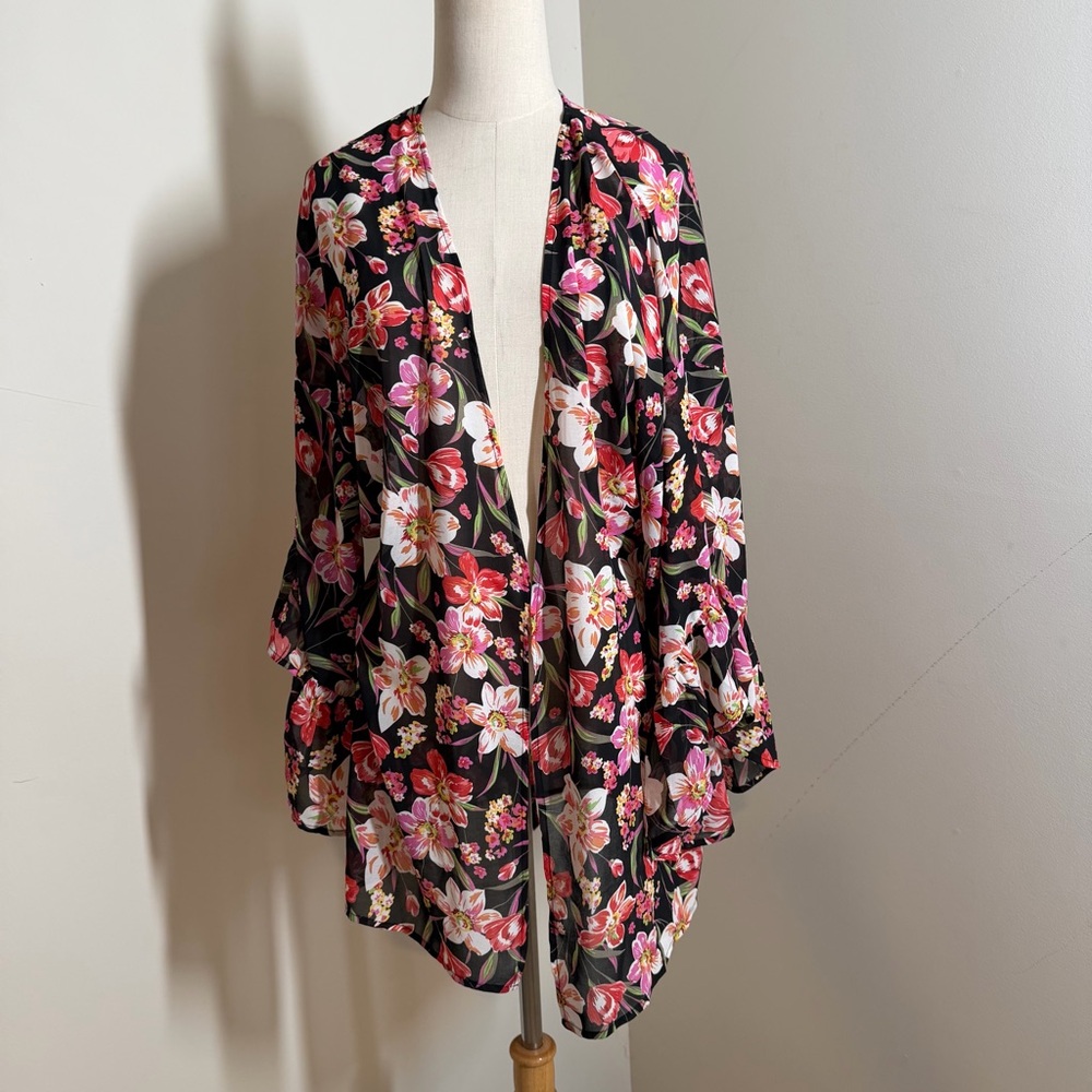 Umgee Women’s Open Front Floral -SZ S- Ruffle 3/4 Sleeve Tied at Waist Kimono